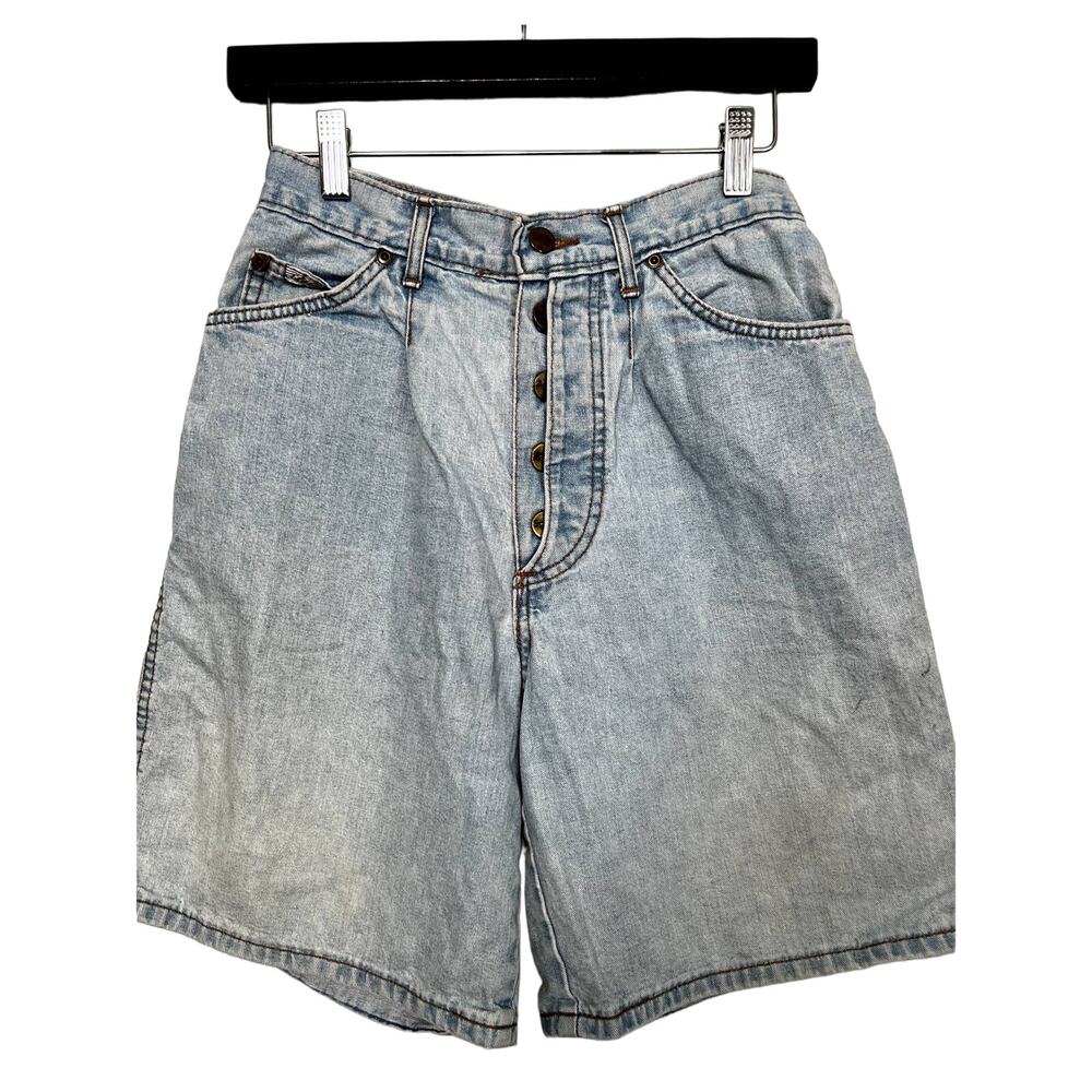 Vintage Chic Jean Shorts Button Fly Acid Wash Light Blue Mom Jeans High Waist 7